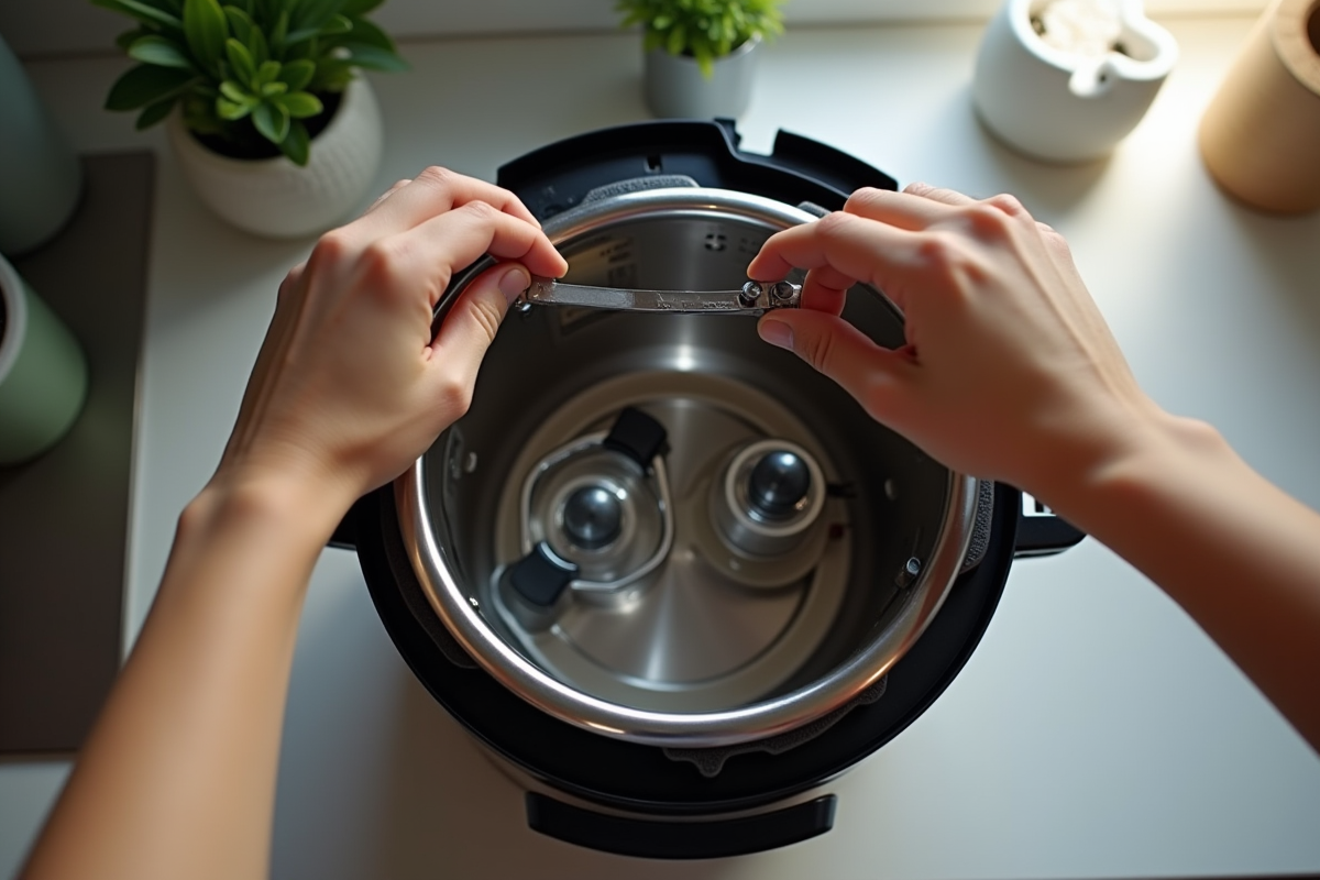 Mains réparant un Cookeo ouvert dans une cuisine moderne