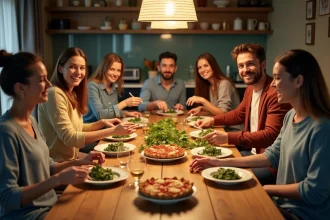 Groupe d'adultes autour d'une grande table pour un repas convivial