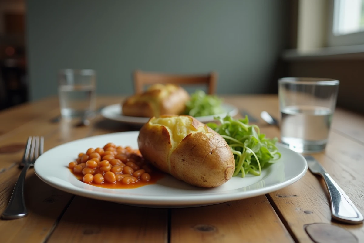 Repas économique complet avec pomme de terre au four, haricots en sauce et salade verte sur une table en bois simple