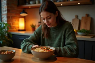 Femme préparant un repas sain avec quinoa et légumes rôtis dans sa cuisine le soir après le travail
