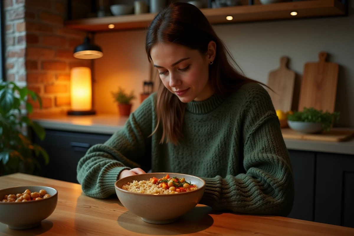Femme préparant un repas sain avec quinoa et légumes rôtis dans sa cuisine le soir après le travail
