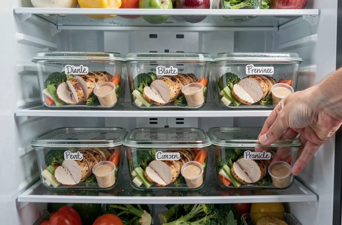 Contenants repas préparés avec escalopes de poulet au four, légumes et sauce rangés dans le réfrigérateur pour la semaine