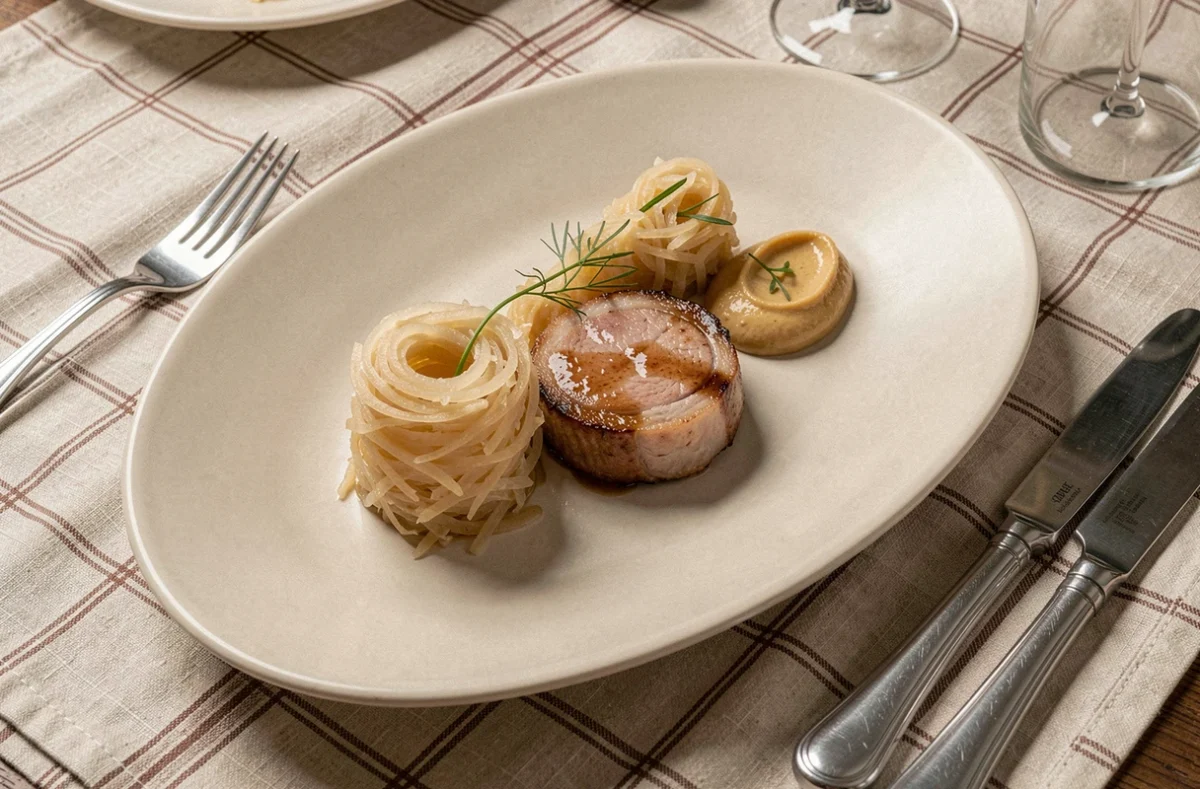 Plat de choucroute revisitée en version gastronomique au restaurant Le Colombier à Bartenheim sur assiette ovale crème