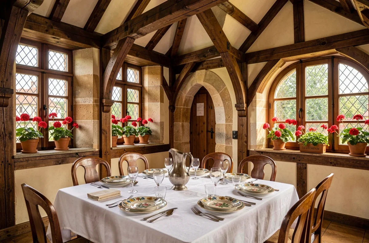 Salle à colombages alsacienne du restaurant À L'Échevin à Colmar avec poutres en chêne et vaisselle peinte traditionnelle