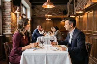 Dîner en amoureux dans un restaurant gastronomique de Lille avec décor en briques apparentes et nappes blanches
