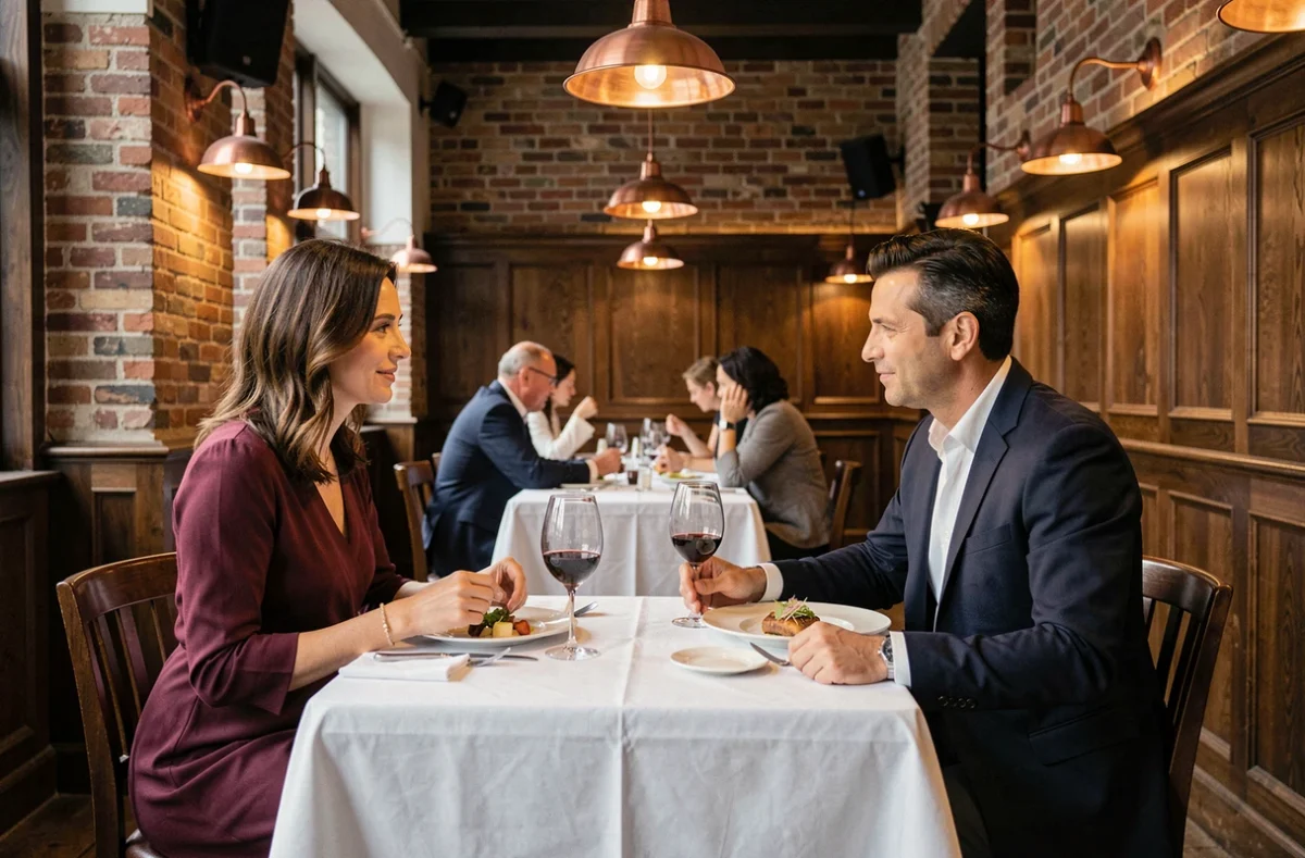 Dîner en amoureux dans un restaurant gastronomique de Lille avec décor en briques apparentes et nappes blanches