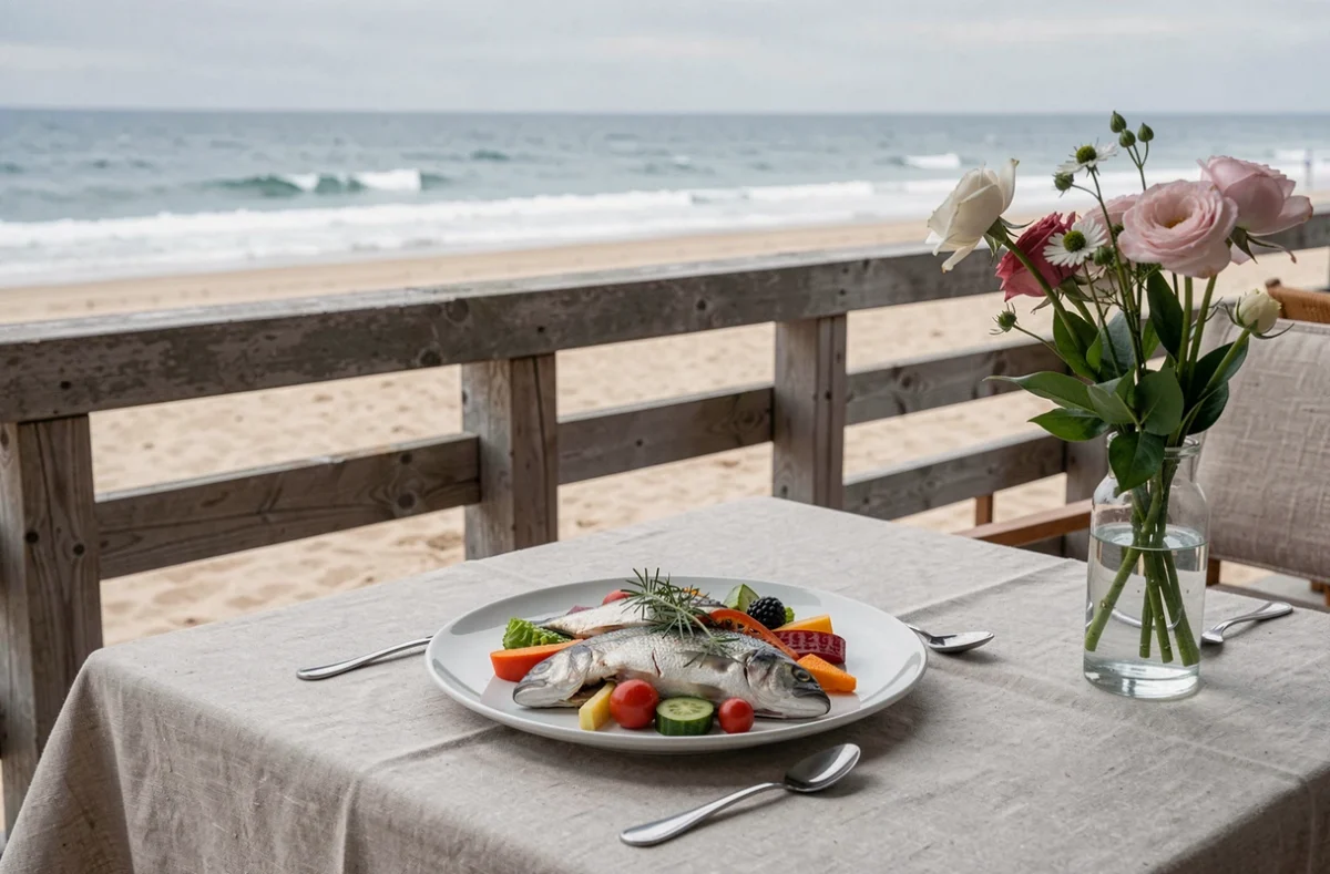 Terrasse et assiette raffinée du restaurant La Folie face à la mer aux Sables-d'Olonne