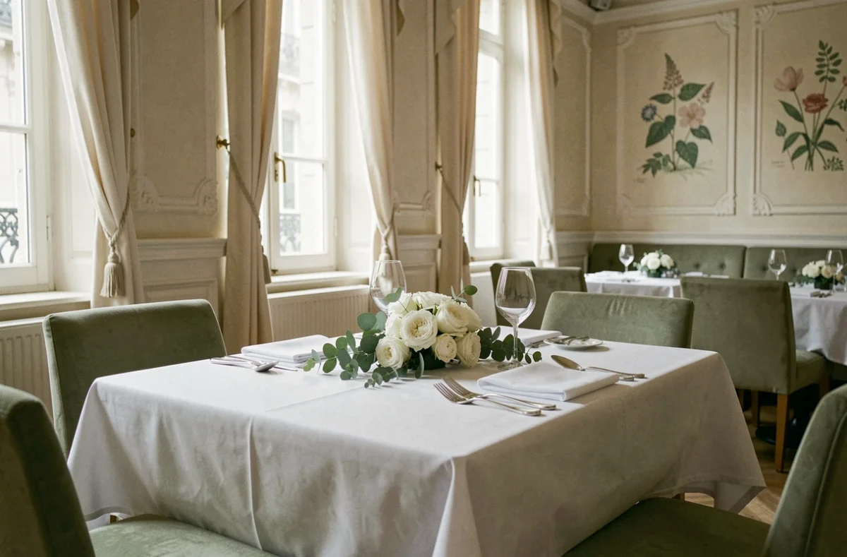 Salle à manger raffinée du restaurant Le Parc à Reims avec table dressée pour deux et décor classique