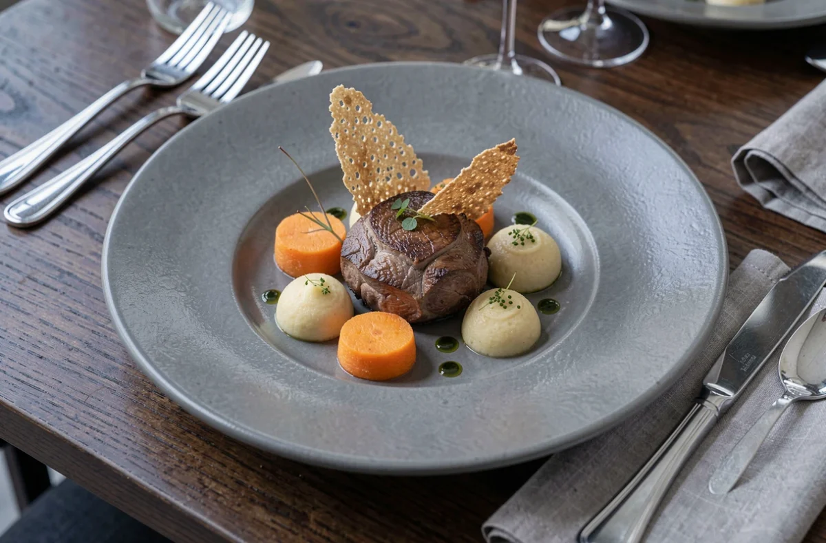 Plat gastronomique contemporain du restaurant Le Millénaire à Reims sur assiette en céramique grise ardoise