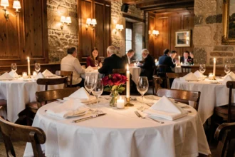 Table dressée pour deux dans un restaurant romantique du Nord de la France, avec nappe blanche, verres en cristal et bougie.