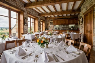 Salle de restaurant gastronomique étoilé dans les Hauts-de-France avec tables dressées en lin blanc et décor élégant