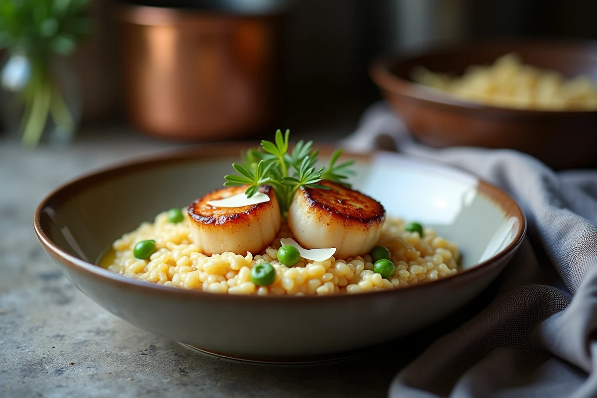 Risotto crémeux aux coquilles Saint-Jacques avec parmesan et jeunes pousses de pois dans un bol rustique en grès