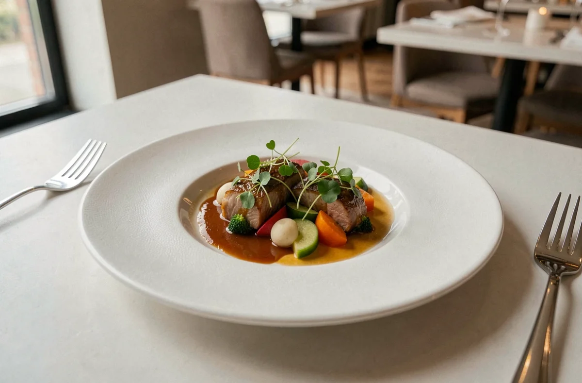 Assiette gastronomique deux étoiles du restaurant Rozó à Marcq-en-Barœul avec dressage précis et herbes fraîches