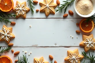 Sablés de Noël à l'amande décorés de glaçage royal en flocons et étoiles, disposés en flat lay sur bois blanc avec amandes et épices