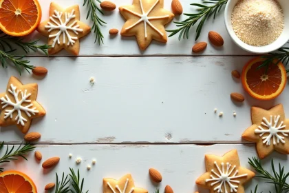 Sablés de Noël à l'amande décorés de glaçage royal en flocons et étoiles, disposés en flat lay sur bois blanc avec amandes et épices