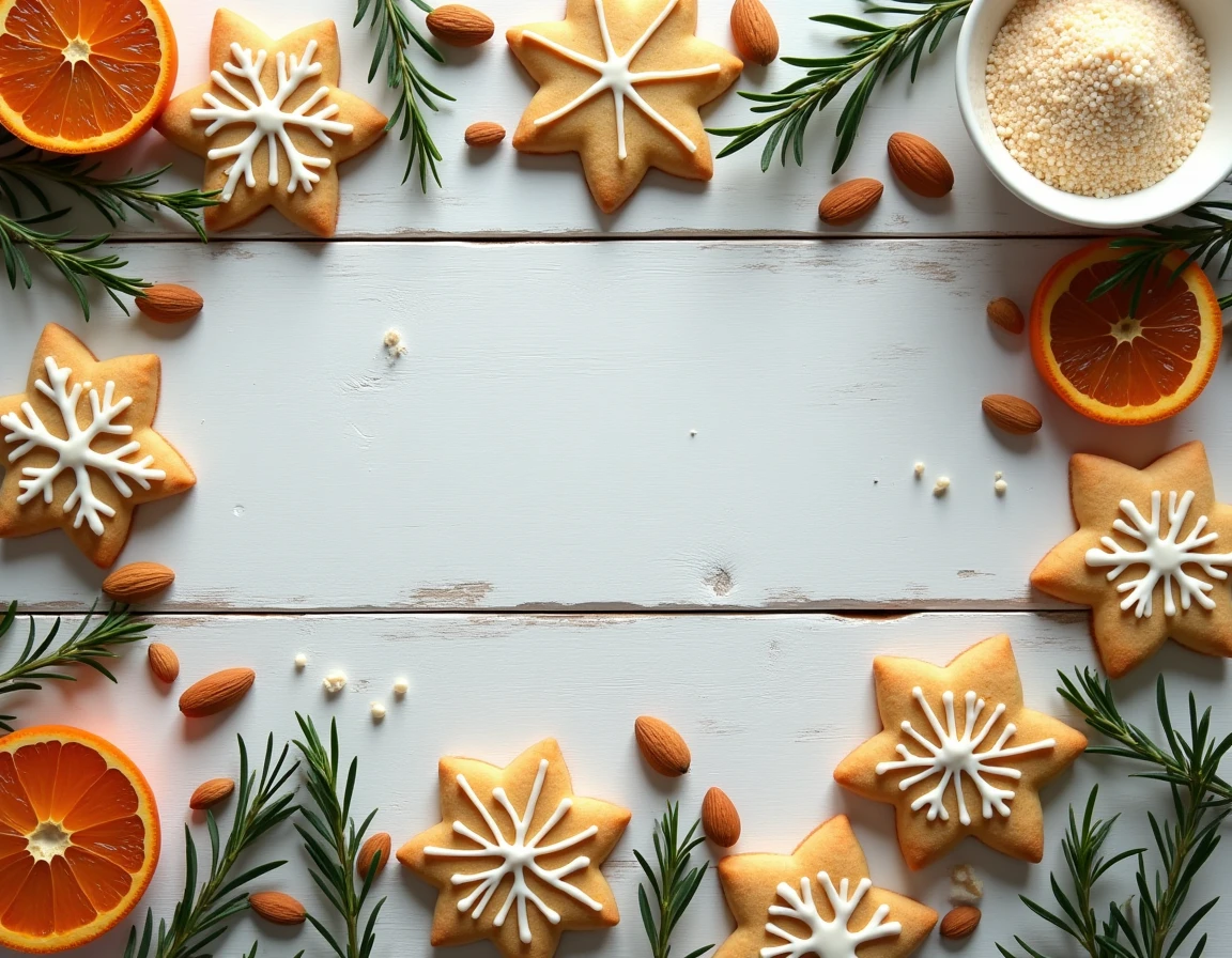 Sablés de Noël à l'amande décorés de glaçage royal en flocons et étoiles, disposés en flat lay sur bois blanc avec amandes et épices
