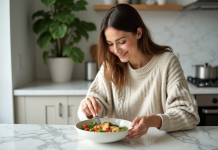 Femme dans la cuisine prépare une salade colorée avec quinoa