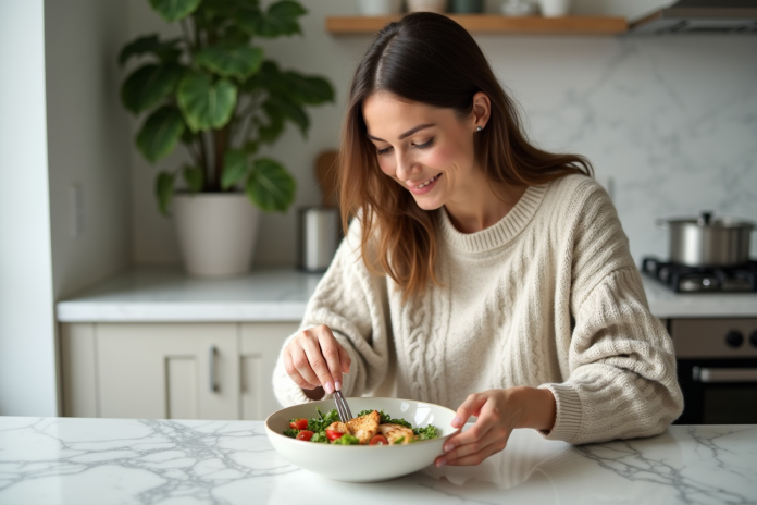 Femme dans la cuisine prépare une salade colorée avec quinoa