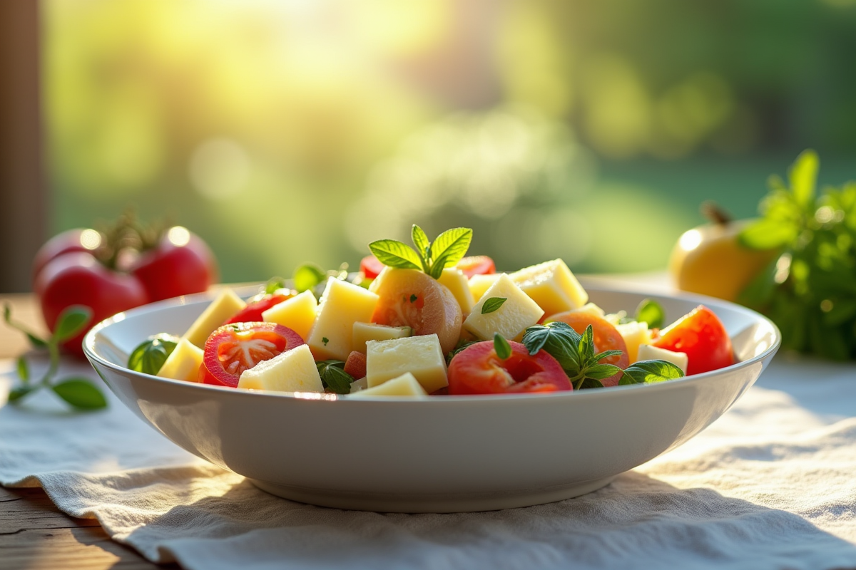 Salade saine avec jicama et légumes colorés sur nappe lumineuse