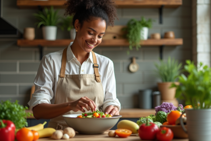 Femme souriante préparant une salade colorée avec légumes frais