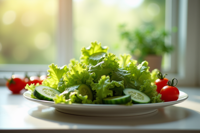 Salade verte fraîche avec tomates cerises et concombre