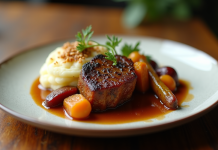 Joues de porc braisées à la bière avec purée et légumes