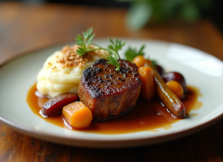Joues de porc braisées à la bière avec purée et légumes
