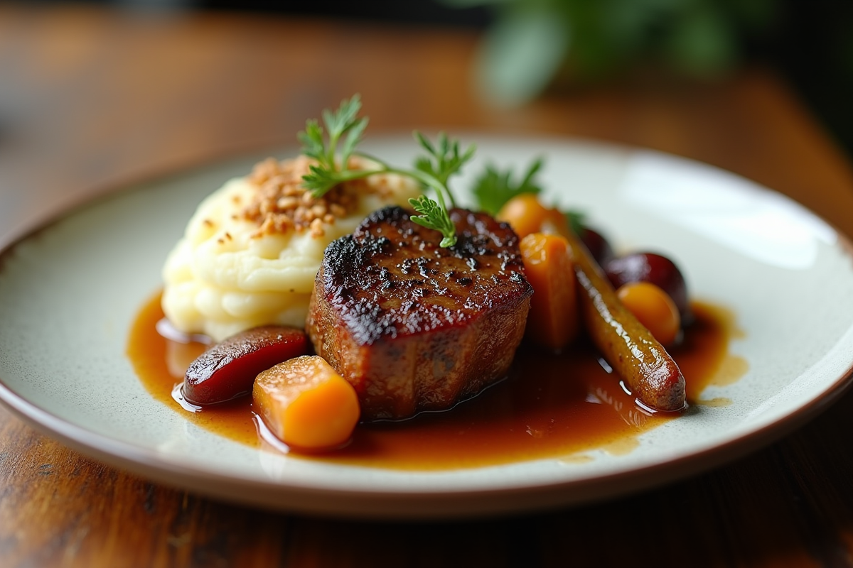Joues de porc braisées à la bière avec purée et légumes