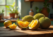 Scène de cuisine avec fruits exotiques frais sur un comptoir en bois