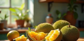 Scène de cuisine avec fruits exotiques frais sur un comptoir en bois