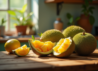 Scène de cuisine avec fruits exotiques frais sur un comptoir en bois