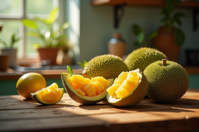scene-cuisine-fruits-exotiques Scène de cuisine avec fruits exotiques frais sur un comptoir en bois
