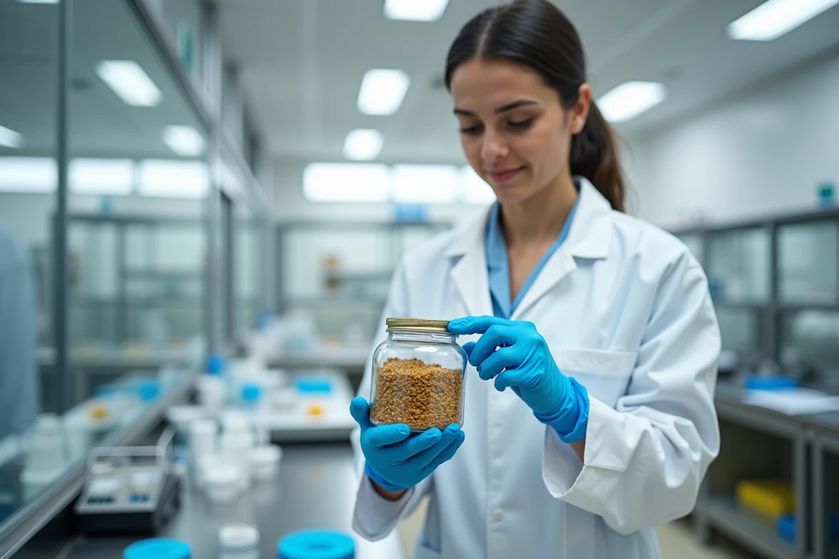 Scientifique analysant de la poudre d'insectes en laboratoire pour évaluer l'impact environnemental des insectes farines
