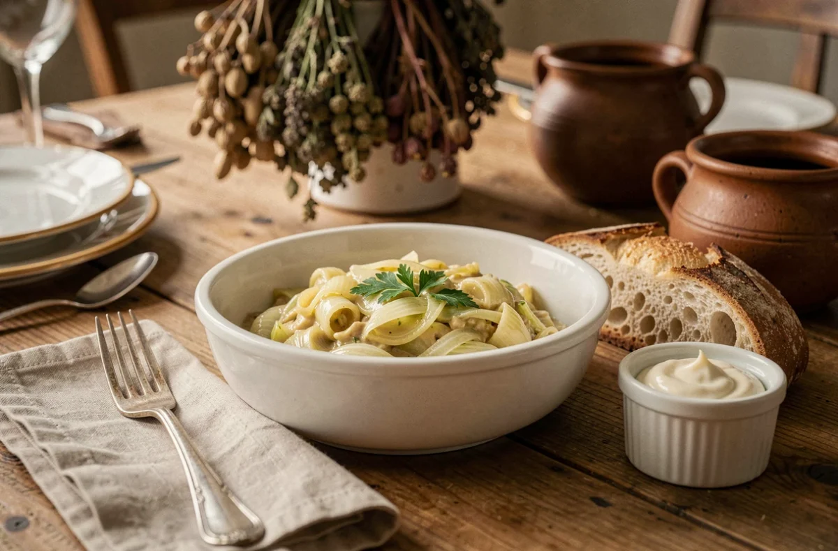 Bol de fondue de poireaux servie avec du pain de campagne grillé et crème fraîche dans un décor de salle à manger rustique