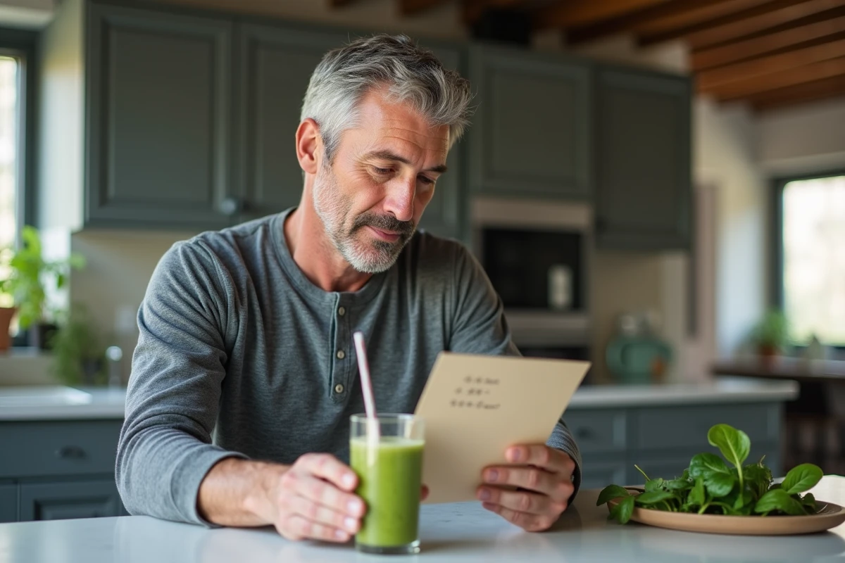 Homme préparant un smoothie aux graines de chia et épinards, boisson douce pour faciliter la digestion avec un estomac fragile