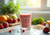 Smoothie maison dans un verre avec fruits et graines pour un petit déjeuner sain