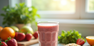 Smoothie maison dans un verre avec fruits et graines pour un petit déjeuner sain