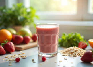 Substitut de repas maison : recette facile et saine à préparer soi-même Smoothie maison dans un verre avec fruits et graines pour un petit déjeuner sain