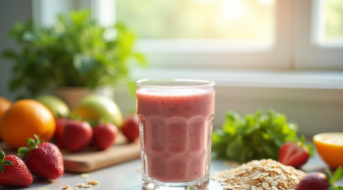 Smoothie maison dans un verre avec fruits et graines pour un petit déjeuner sain