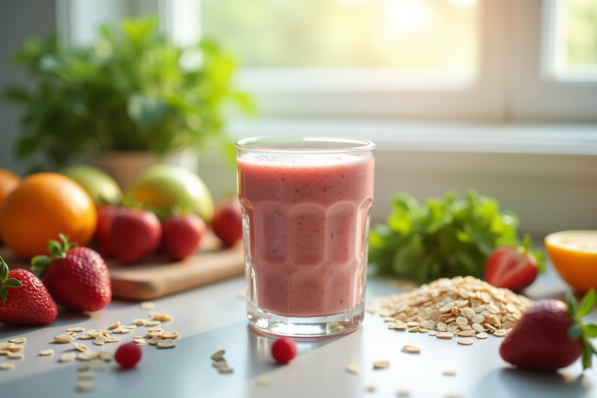 Smoothie maison dans un verre avec fruits et graines pour un petit déjeuner sain