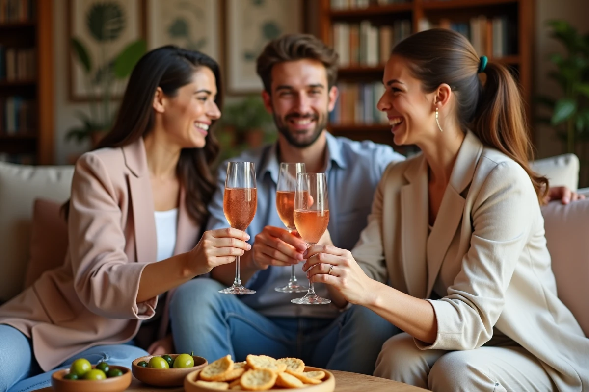 Groupe d'amis trinquant avec des flûtes de soupe champagne lors d'un apéritif convivial en salon