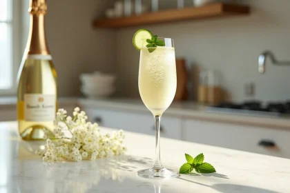 Flûte de soupe champagne dorée garnie de concombre et menthe sur un comptoir en marbre blanc