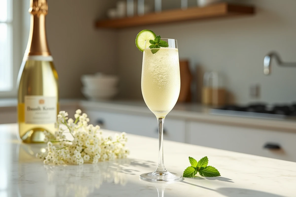 Flûte de soupe champagne dorée garnie de concombre et menthe sur un comptoir en marbre blanc