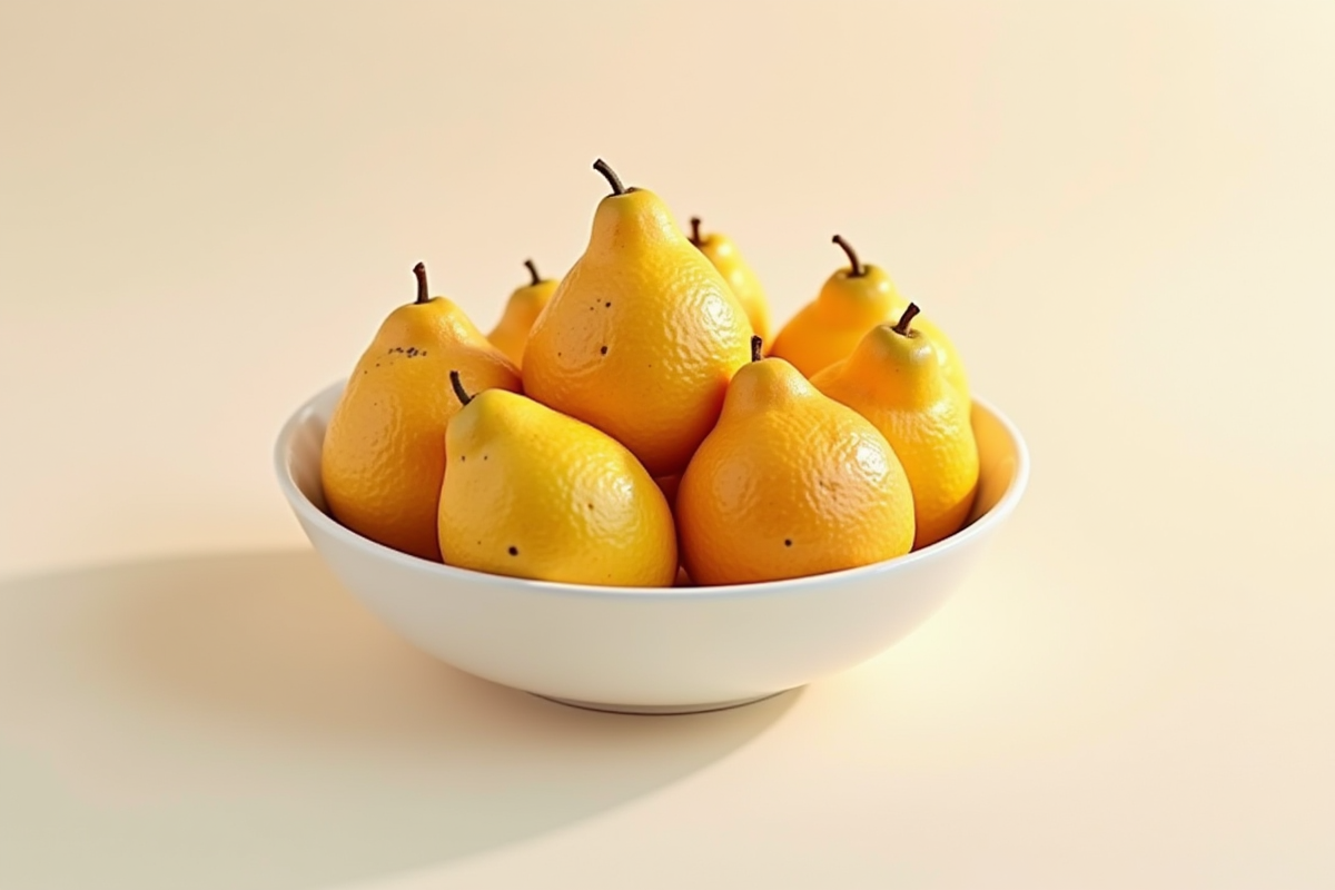 Starfruits entiers dans un bol blanc sur fond minimaliste