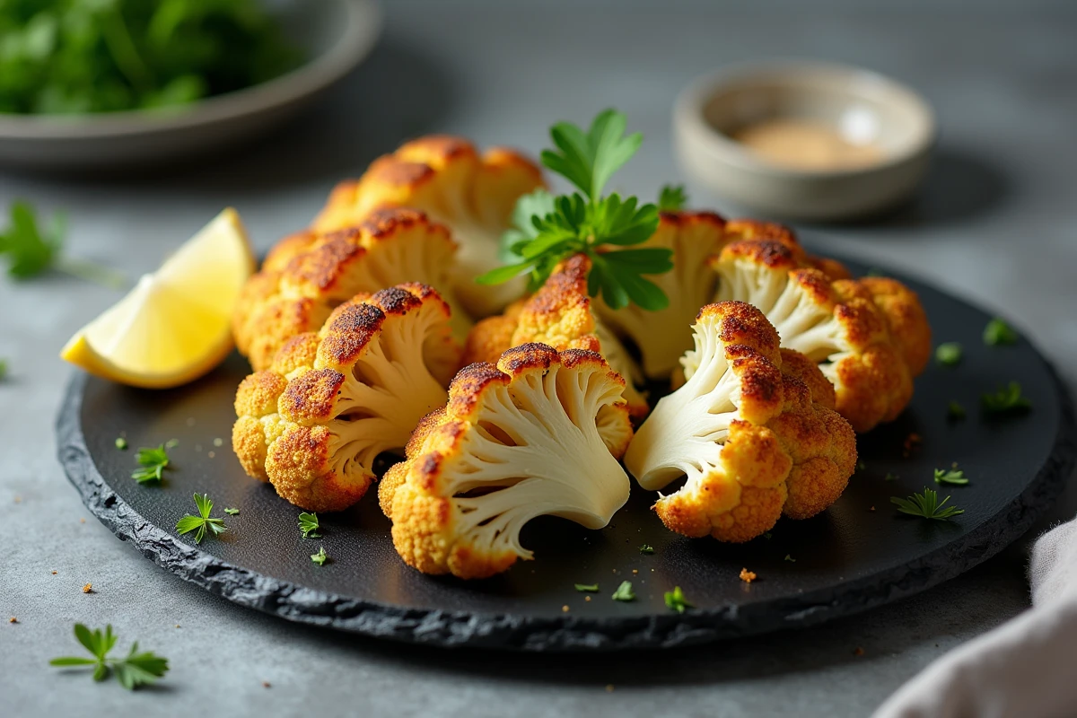 Steaks de chou-fleur rôtis au four avec bords caramélisés, servis sur une ardoise avec persil et sauce tahini