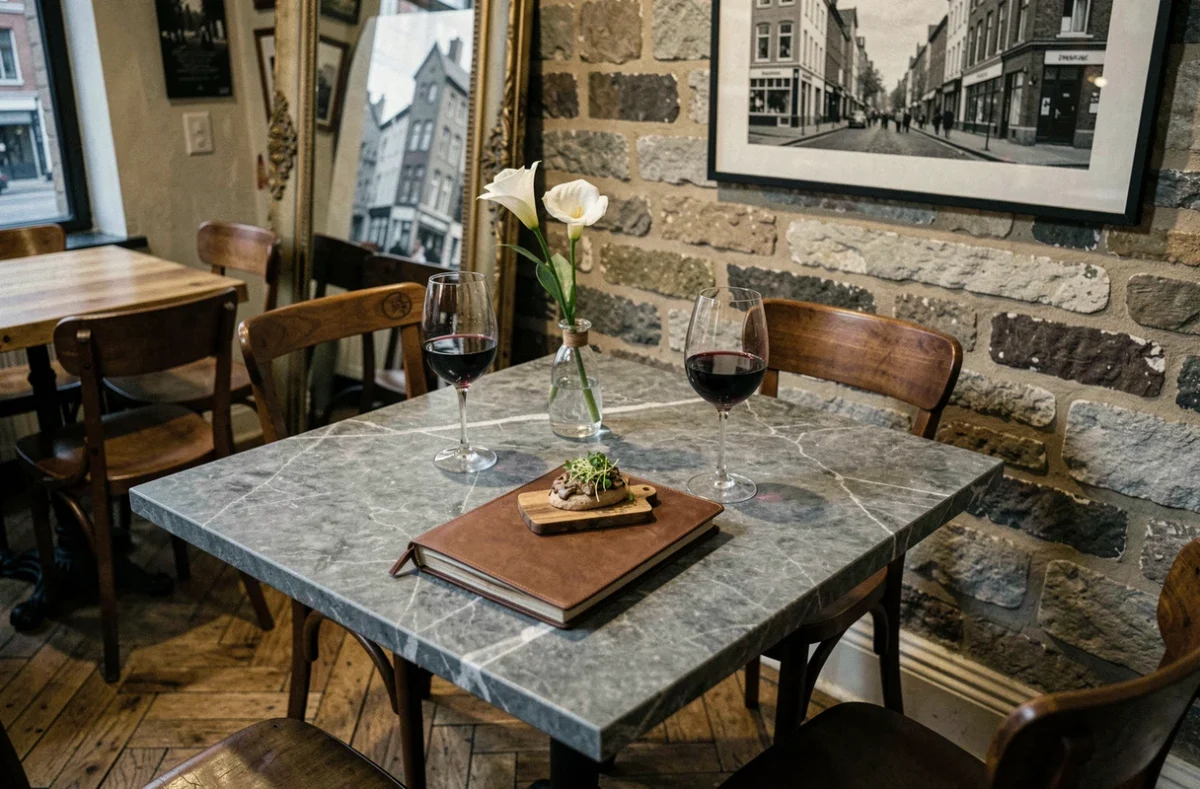 Table dressée dans un bistro contemporain de Lille avec verre de vin rouge et amuse-bouche raffinés