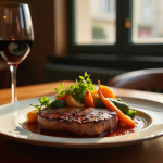 Table en bois dans un restaurant lyonnais avec un steak grillé et vin rouge