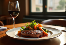Table en bois dans un restaurant lyonnais avec un steak grillé et vin rouge