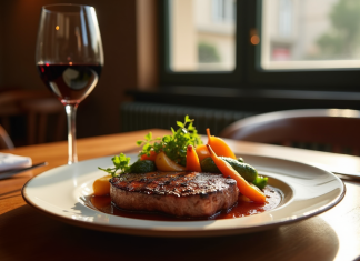 Table en bois dans un restaurant lyonnais avec un steak grillé et vin rouge