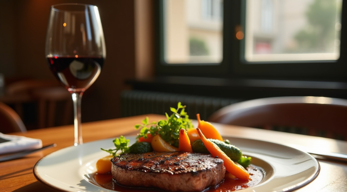Table en bois dans un restaurant lyonnais avec un steak grillé et vin rouge